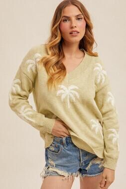 V-neck Loose Fit Palm Tree Sweater Top